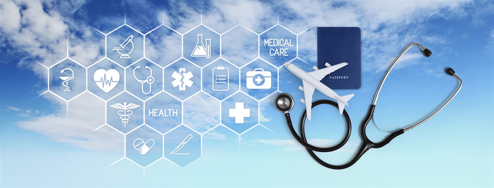 Stethoscope beside travel and medical icons on a light blue background